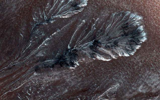 Frosty gullies on the northern plains of Mars. Image Credit: NASA/JPL/University of Arizona